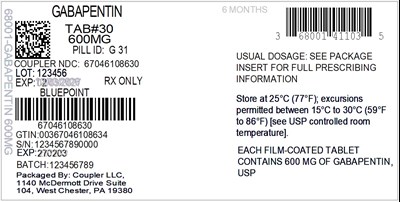 Label (68001 411 03 Gabapentin 600mg 67046 1086 30)